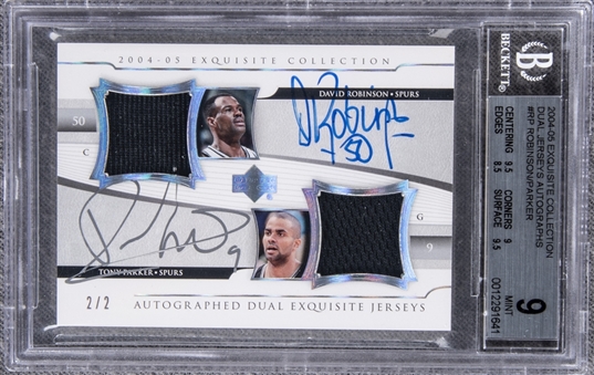 2004-05 UD "Exquisite Collection" Dual Jerseys Autographs #RP David Robinson/Tony Parker Dual Signed Game Used Patch Card (#2/2) – BGS MINT 9/BGS 9 